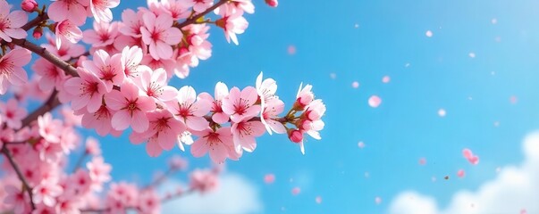 Soft pink cherry blossoms drift against a vibrant blue sky, sunlight, pastel
