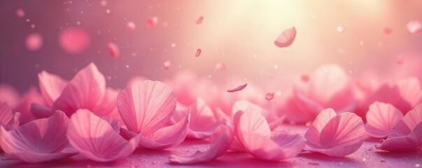 Pink petals drift on gentle breeze, soft sunlight , wallpaper, peaceful