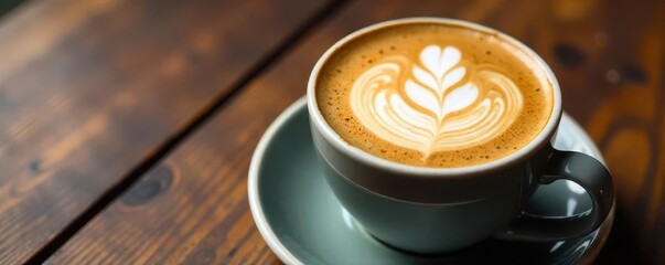 Intricate latte art swirls atop creamy foam, wooden table , cozy, caffeine