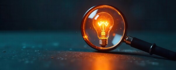 Magnifying glass focuses on glowing lightbulb; innovation concept, innovation, advancement
