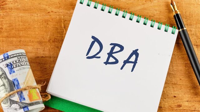 Animation, the appearance of a conceptual phrase, words, DBA characters in a notebook. Data Base Administrator or doing business as abbreviation DBA concept