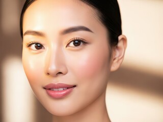 Fototapeta premium Beautiful asian woman with natural makeup and smooth skin looking at camera with soft expression in studio