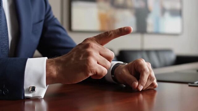 A businessman in a blue suit and white shirt with cufflinks points his finger while sitting at a wooden desk in an office setting.