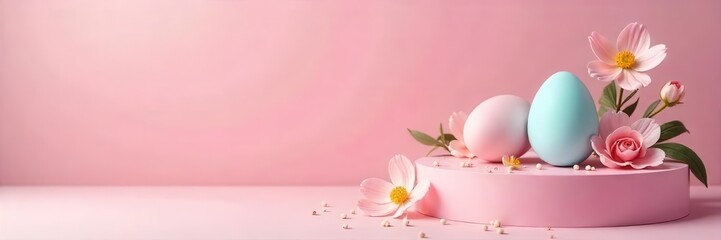 Pastel Easter eggs & flowers on pink pedestal Delicate spring decor , spring decor, bunny