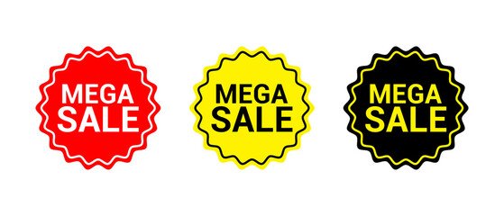 Mega Sale Badge Set. Red and Yellow Promotional Labels Isolated on Transparent Background