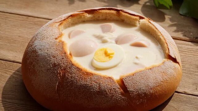 Traditional polish zurek soup served in a bread bowl