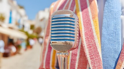 Microphone is on a street with a colorful striped scarf draped over it. The microphone is blue and silver, and the scarf is multicolored. The scene is lively and colorful, with a sense of creativity