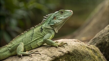 Green iguana perched on rock in natural habitat