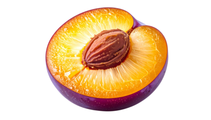 A vibrant, close-up photograph showcasing a halved stone fruit, revealing a rich spectrum of colors and textures in its cross-section