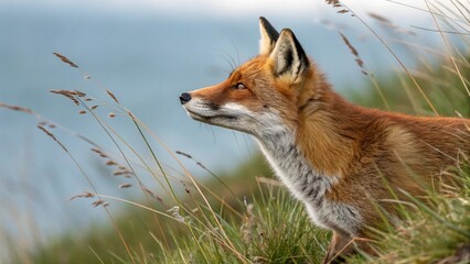 Red fox in tall grass looking alert and focused outdoors