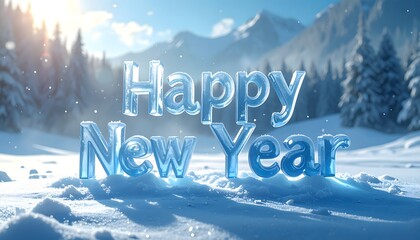 Elegant “Happy New Year” calligraphy carved from ice, winter landscape, soft snow fall