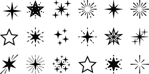 Star and sparkle icon collection with decorative shining symbols, twinkling elements, and celestial accents in black vector illustration set