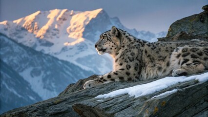 Snow leopard resting on rocky mountain peak with snowy landscape