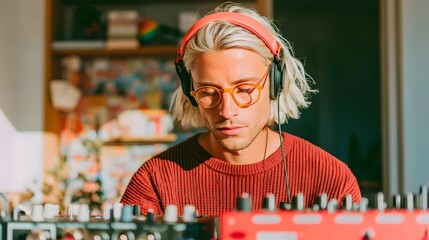 Man wearing headphones and glasses is sitting in front of a red sound system. He is focused on the music he is listening to