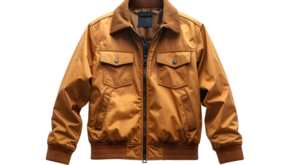 An eye-level shot showcases a stylish, autumnal-hued bomber jacket with a collared neckline, pockets, and a ribbed hem. The jacket has a zipper