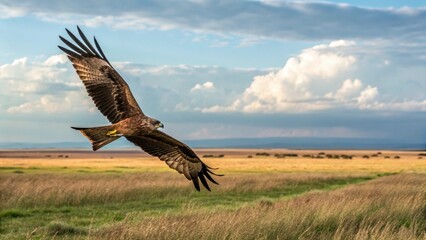 Majestic eagle soaring over vast open landscape freely