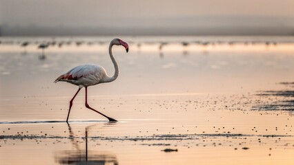 Flamingo wading in serene lake at sunset with pink feathers