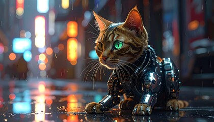 Bengal cat in cybernetic armor sits on a wet city street, blurred lights in the background, rain, cool tones