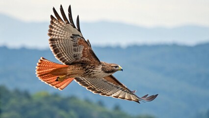 Majestic hawk soaring through clear blue sky with mountains