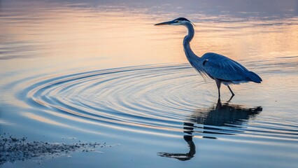 Serene heron wading in calm waters at sunset