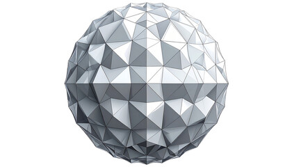 Geometric sphere with polygonal facets in grayscale, isolated on a black backdrop, appearing 3D rendered