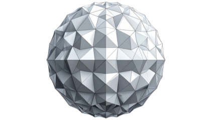 Geometric sphere with polygonal facets in grayscale, isolated on a black backdrop, appearing 3D rendered