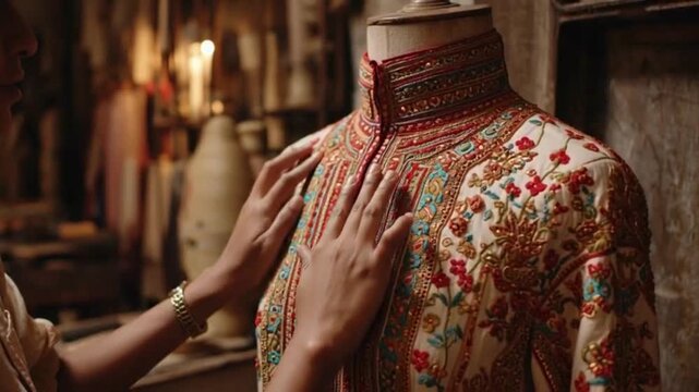 Indian Tailor Adjusting Embroidered Fabric on Mannequin