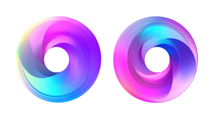 Two swirling torus shapes, glowing with purple, blue, and pink hues, against a black backdrop, create a captivating display