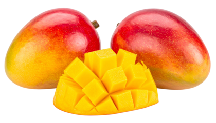 Close-up studio shot featuring two whole, ripe, colorful mangoes, plus a sliced portion of the tropical fruit, with cubes visible