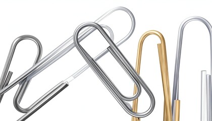 Metallic paper clips in various shades, scattered against a clean white background