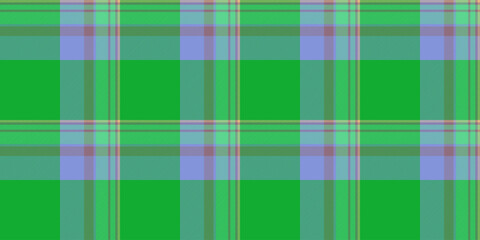 Checker plaid texture textile, latin seamless fabric pattern. Display vector check background tartan in green and blue colors.