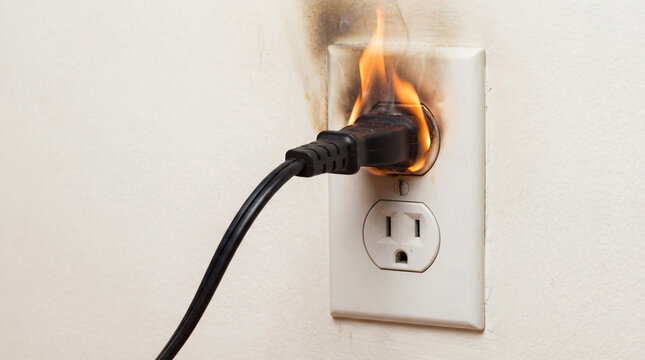 Electrical fire hazard outlet overload overheating causing dangerous house fire risk requiring immediate emergency intervention preventing residential property damage loss safety inspection repair