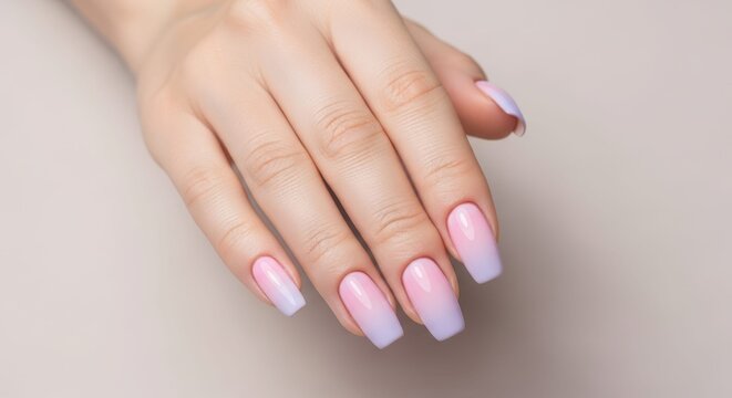 Ombre Manicure: A close-up view of an elegantly manicured hand showcases a stylish ombre nail design, creating a gradient effect of color that transitions beautifully across each nail.