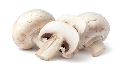 Fototapeta premium Fresh white button mushrooms, whole and sliced, against a clean white background