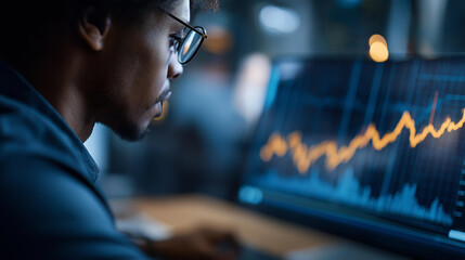 Faceless financial traders observing fluctuating demand for gold overlaid on market graph, market adjustment demand dynamics, precious metal trading, defocused analysts monitoring, with copy