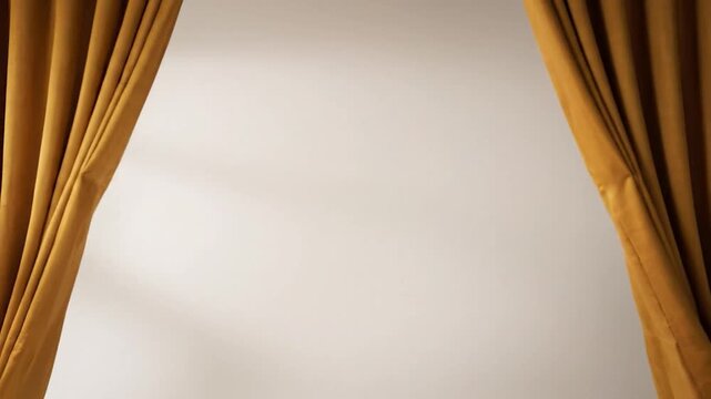 Open ochre curtains with soft folds, revealing a neutral-toned background