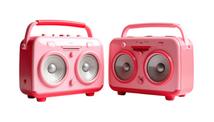 Two pink portable radios, symmetrically positioned, with silver speaker cones, isolated against a black background