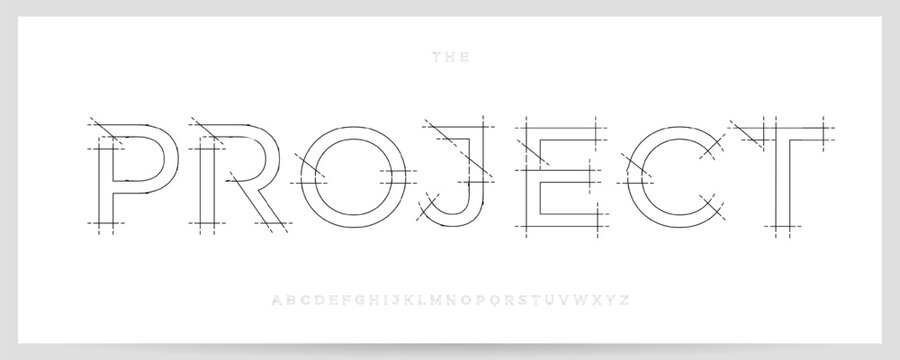 Architecture Project Font Logo Alphabet Vector Blue Print Letters Set Modern Architectural Typography, Technical Scheme Typographic Design for Architect Title Text Poster Headline. Vector Typeface
