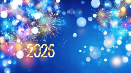 New Year's Eve Celebration: Festive fireworks light up the night sky, creating a vibrant display to welcome the upcoming year. The golden numerals of 2026 shine brightly.