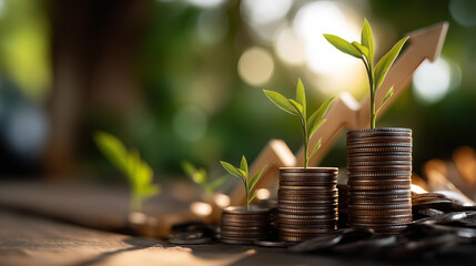 Dynamic image of coins with plants and upward arrows symbolizing financial growth, investment success and economic prosperity, wealth accumulation representation, with copy space
