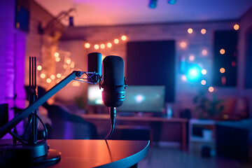Home studio setup with mic & vibrant lighting