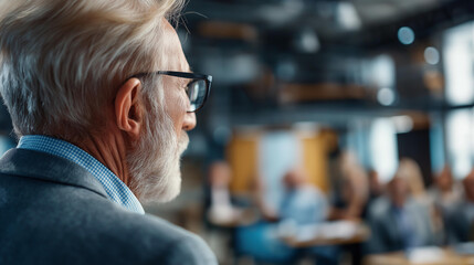 Faceless retired professional leading seminar on navigating challenges of inflation and economic uncertainty, financial education presentation, retirement planning workshop, defocused speaker,