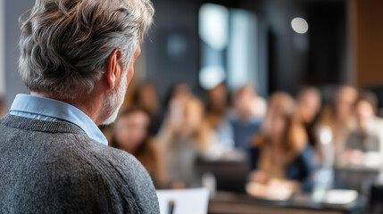 Fototapeta premium Faceless retired professional leading seminar on navigating challenges of inflation and economic uncertainty, financial education presentation, retirement planning workshop, defocused speaker,