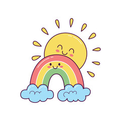 Cute sun with rainbow and clouds illustration in hand drawn kawaii style