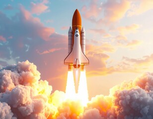 Fototapeta premium Rocket Launching into Sky with Smoke and Clouds Space Exploration