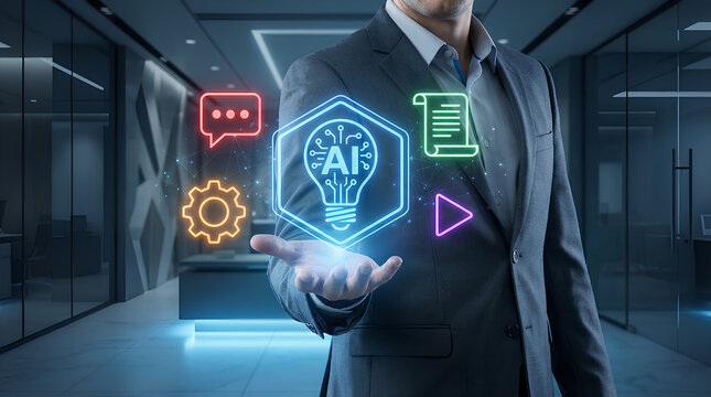 Businessman presenting artificial intelligence concept with glowing icons - Powered by Adobe