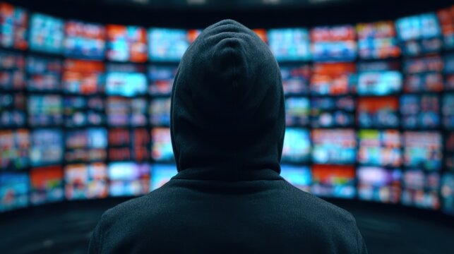 Hooded hacker breaching secure servers in dimly lit room cybersecurity incident analysis - Powered by Adobe