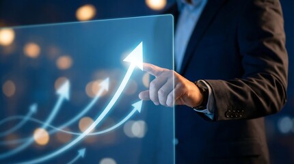 Businessman interacting with futuristic digital screen displaying rising arrows