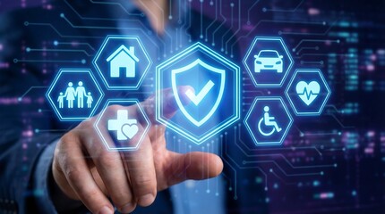 Businessman interacting with digital insurance icons on futuristic interface