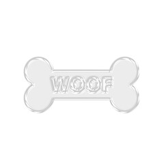 Glossy 3D transparent bone icon with Woof text for dog pet shops, animal care designs, and puppy treats